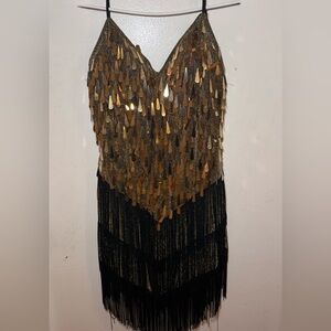 Gold and Black Sequin Fringe Dress